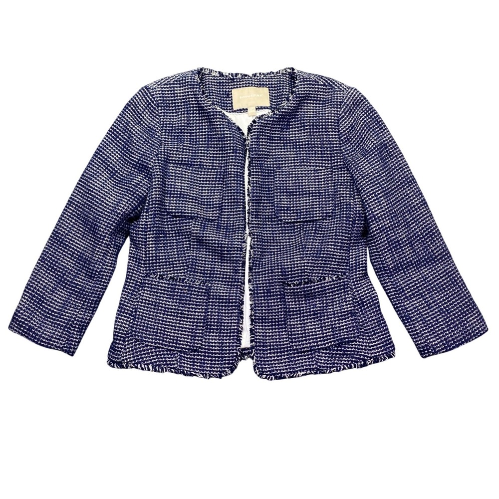 Banana Republic Womens 4P Navy Blue Tweed Boucle Blazer Jacket Fringed Preppy
